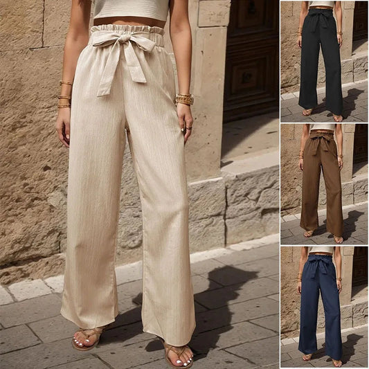 Fashionable and versatile casual straight trousers for women with lace-up ruffled elastic trousers