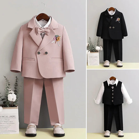 Kid Boys Formal Pink Suit Boy Child Wedding Suit Elegant 2-14Y Boys Suits Outfits Set Gentlemen Kid Jacket Vest Pant Bowtie Suit