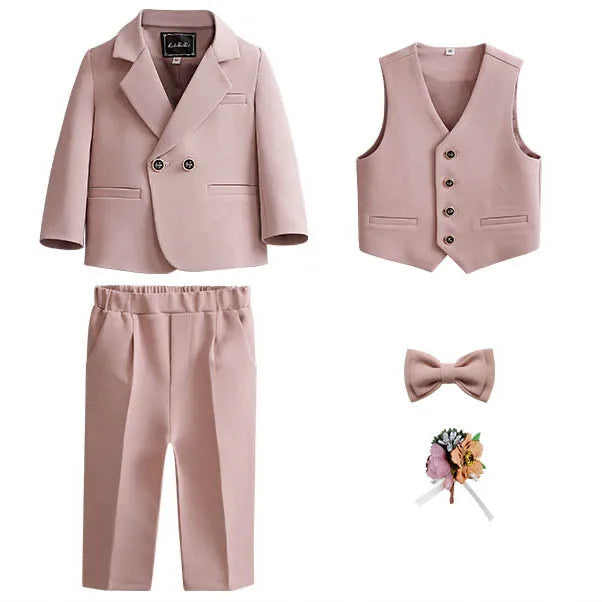 Kid Boys Formal Pink Suit Boy Child Wedding Suit Elegant 2-14Y Boys Suits Outfits Set Gentlemen Kid Jacket Vest Pant Bowtie Suit