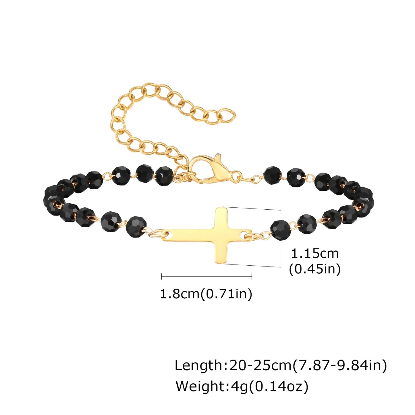 Simple Black Beads Braclets for Men Boys,Gold Color Cross Chain Link Adjustable Wristband,Faith Prayer Jewelry Gifts