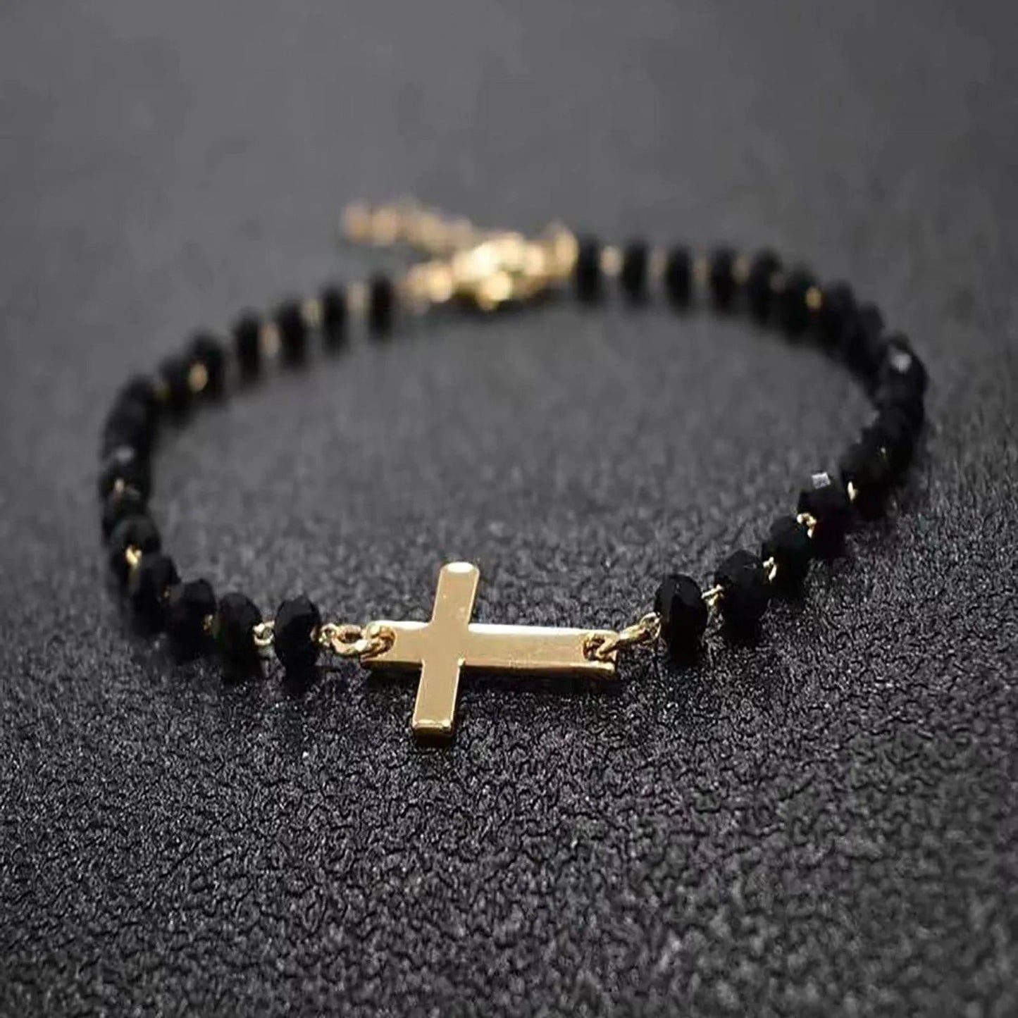Simple Black Beads Braclets for Men Boys,Gold Color Cross Chain Link Adjustable Wristband,Faith Prayer Jewelry Gifts