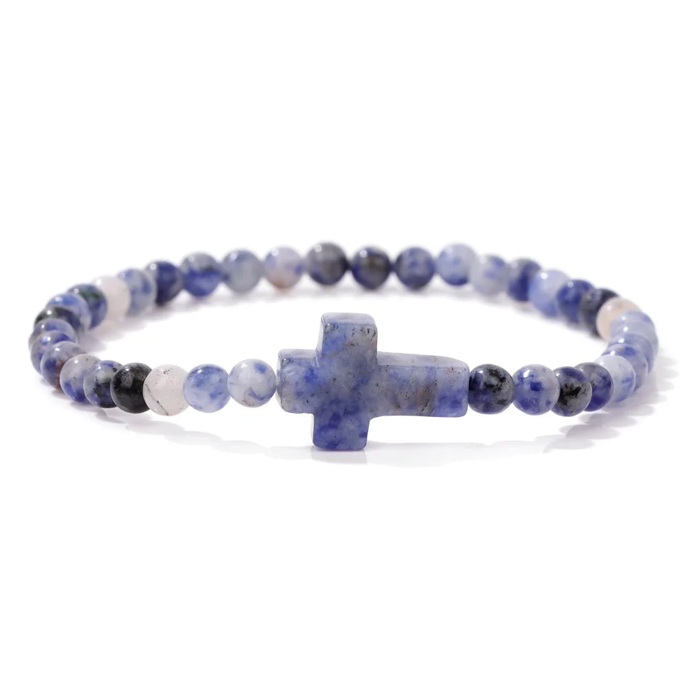 Jesus Cross Bracelet 4mm Beads Natural Stone Indian Agates Amethysts Quartzs Beaded Bracelets For Women Men Prayer Jewelry
