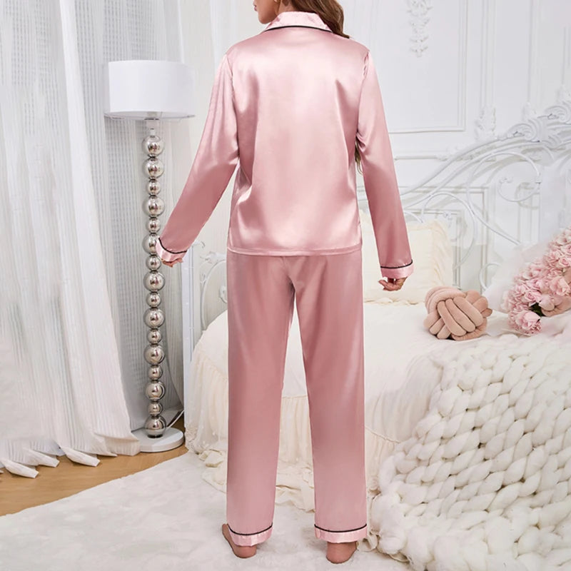 Autumn Women's Pajama Set Love Embroidered Flip Collar Long Sleeve Top and soft  Pants Casual and Comfortable Home Clothes