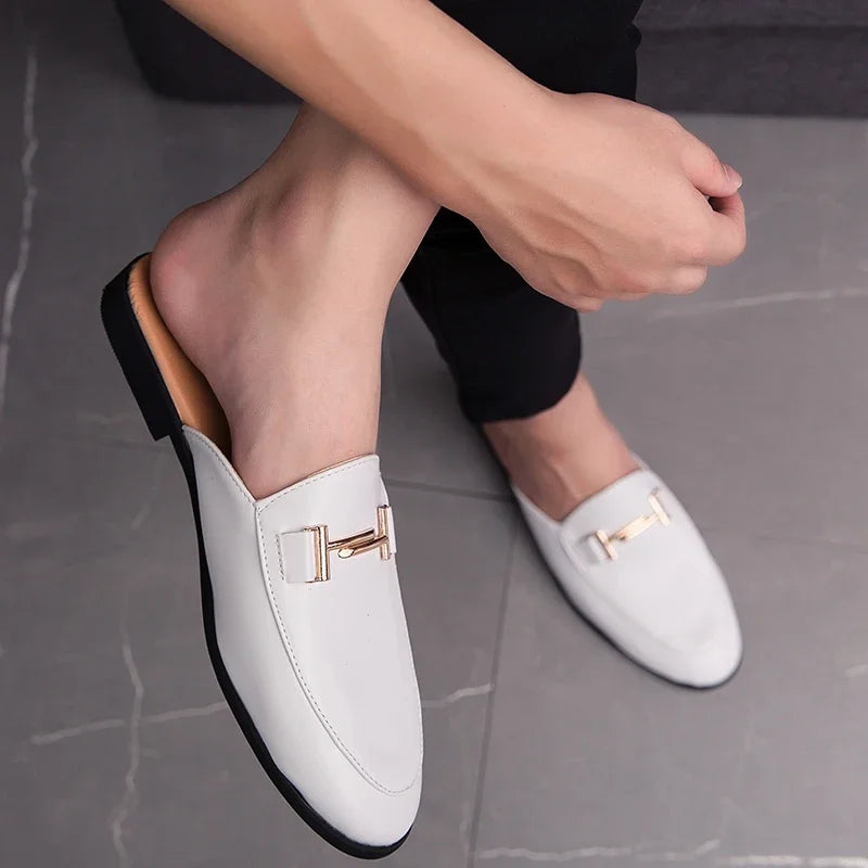 Fashion Men's Half Slippers 2022 High Quality Leather Men Shoes Classic Mules Non-slip Half Shoes Man Summer White Moccasins
