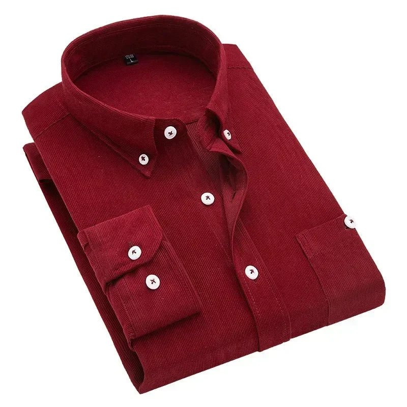 Casual Men Corduroy Shirt 2025 Spring Autumn Long Sleeve Striped T Shirts Male Slim Fit Shirt Turn-down Collar Camisa Masculina