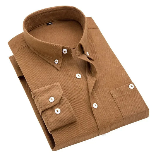 Casual Men Corduroy Shirt 2025 Spring Autumn Long Sleeve Striped T Shirts Male Slim Fit Shirt Turn-down Collar Camisa Masculina