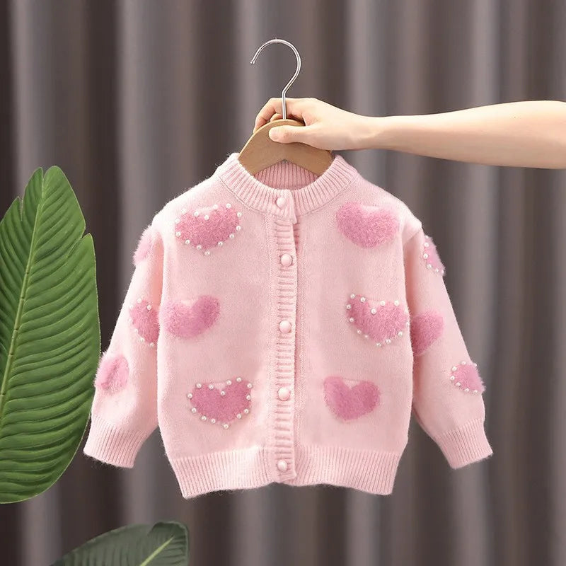 Girls' Sweaters Cardigans 2025 Autumn Winter Baby Knitted Sweaters Coats Heart-Shaped Outerwear Fashionable Children Clothes
