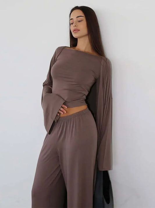 Pants Sets Women 3 Piece Off Shoulder Sleeveless Cropped Tank Top Long Cardgian Elastic Wide Leg Pant Female Suit Lady Outfits