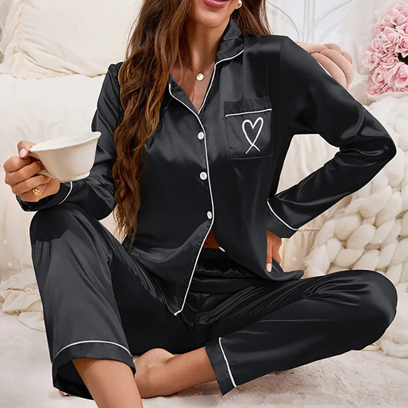 Autumn Women's Pajama Set Love Embroidered Flip Collar Long Sleeve Top and soft  Pants Casual and Comfortable Home Clothes