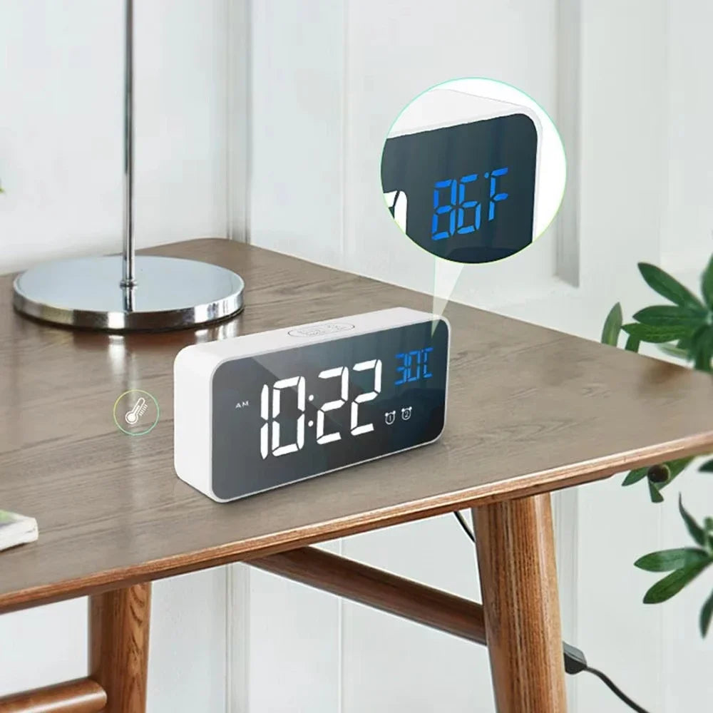 Smart LED Mirror Alarm Clock with Voice Control USB Charging Dual Alarms Snooze Mode for Bedside Table Timepiece Home Decor