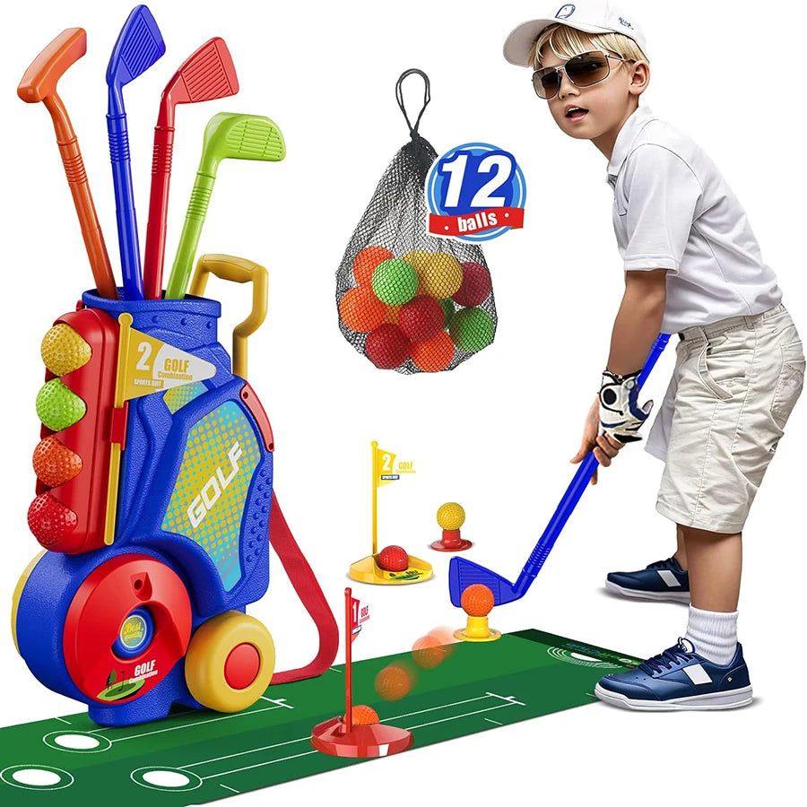 Upgraded Golf Toy Set with Golf Balls, Blue Golf Cart with Shoulder Strap, Indoor/Outdoor Sports Toy, Christmas/Thanksgiving
