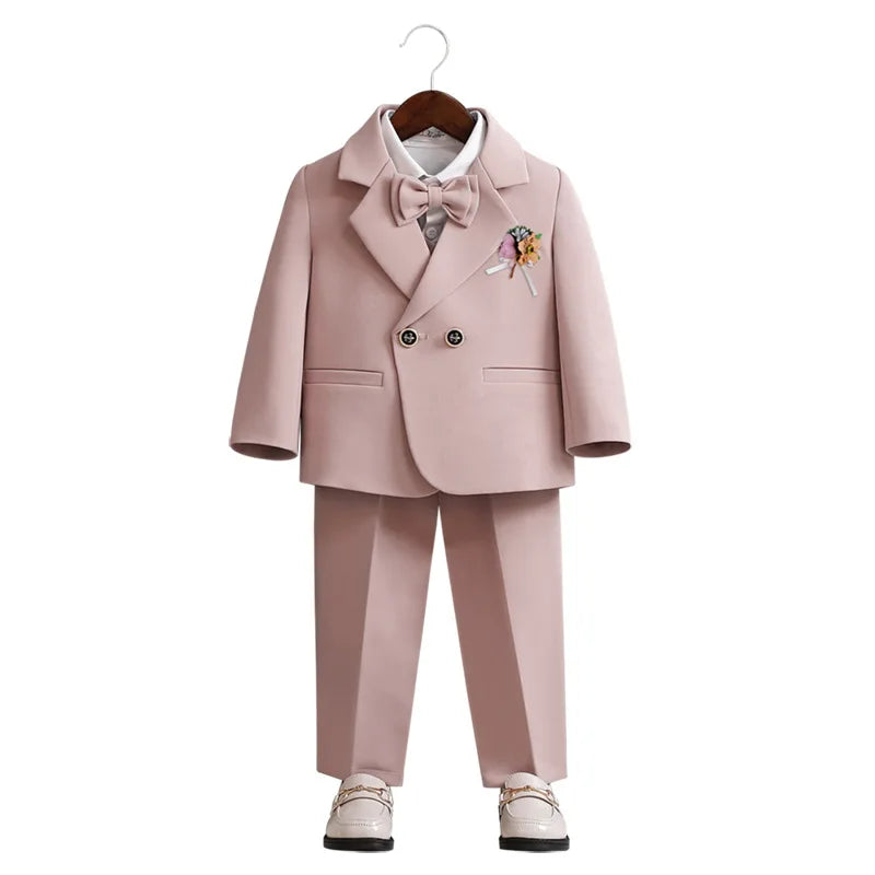 Kid Boys Formal Pink Suit Boy Child Wedding Suit Elegant 2-14Y Boys Suits Outfits Set Gentlemen Kid Jacket Vest Pant Bowtie Suit