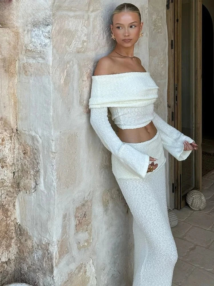 Weird Puss See Through 2 Piece Set Women Chic Hairball Lapel Slash Neck Crop Top+Maxi Skirts Matching Trend Streetwear Suits