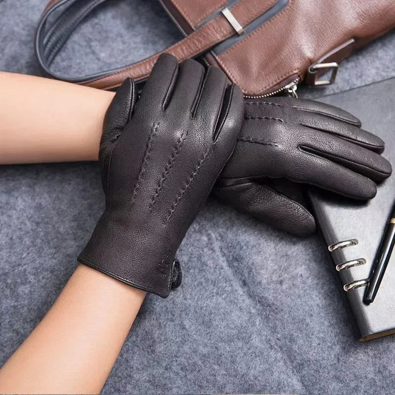 outdoors Winter Gloves Men Genuine Leather Sheepskin for Adult Warm Winter Deerskin Gloves Christmas Gift Men's Sheepskin Gloves