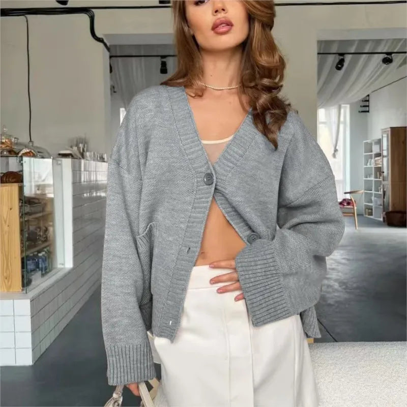 Knitted Sweater Coat Women 2025 Autumn Winter Long Sleeve V-neck Pockets Knit Jacket Cardigan New Casual Loose Sweaters Female