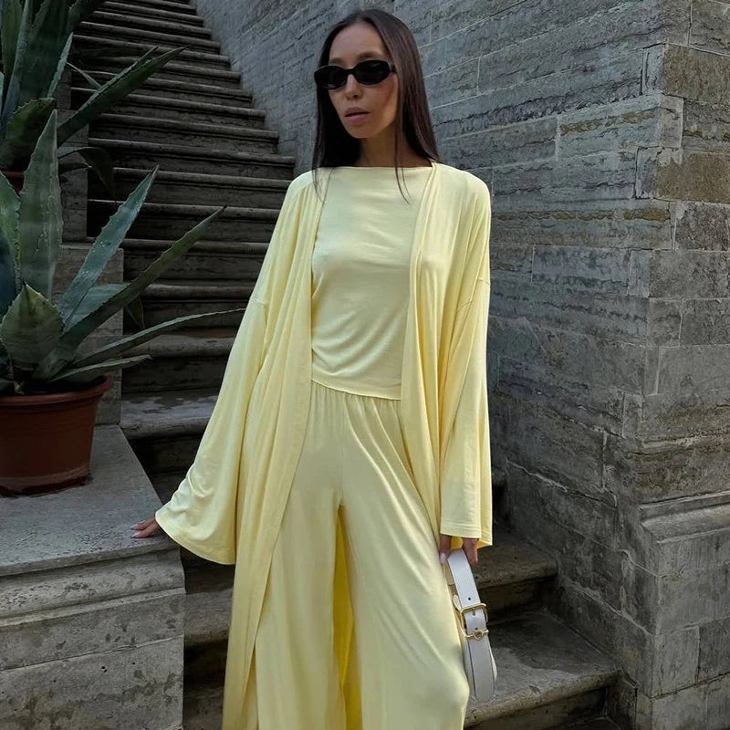 Pants Sets Women 3 Piece Off Shoulder Sleeveless Cropped Tank Top Long Cardgian Elastic Wide Leg Pant Female Suit Lady Outfits