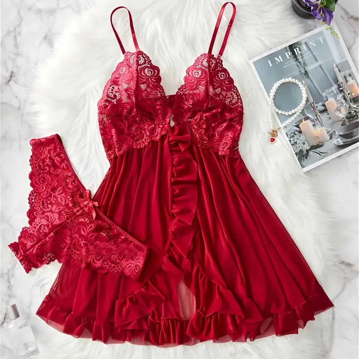 New Blue Contrast Lace Ruffle Trim Lingerie Set Deep V Dress And Thong Women's Sexy Sleepwear Underwear Hollow Bra Panty Sling