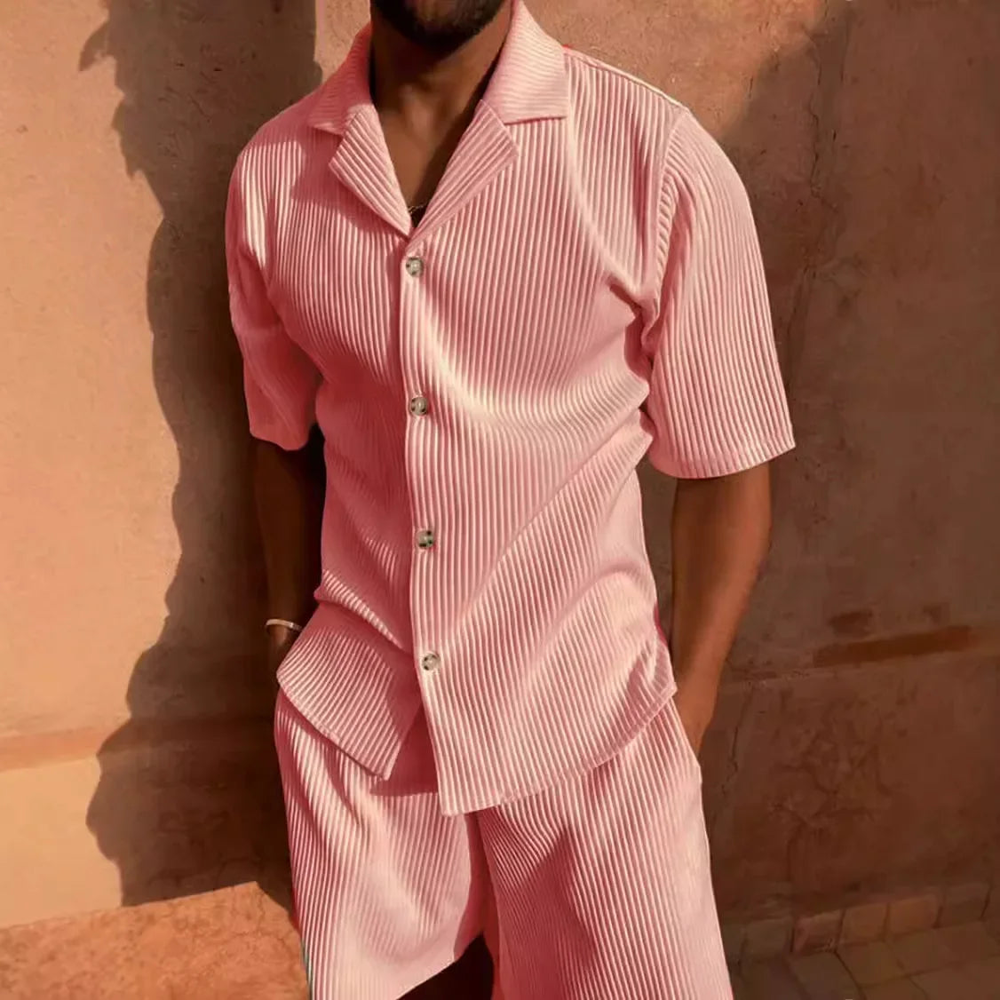 2025 New Men's Corduroy Casual Short Sleeve Shirt Shorts Suit Beach Casual Style Lapel Collar Running Training Suit