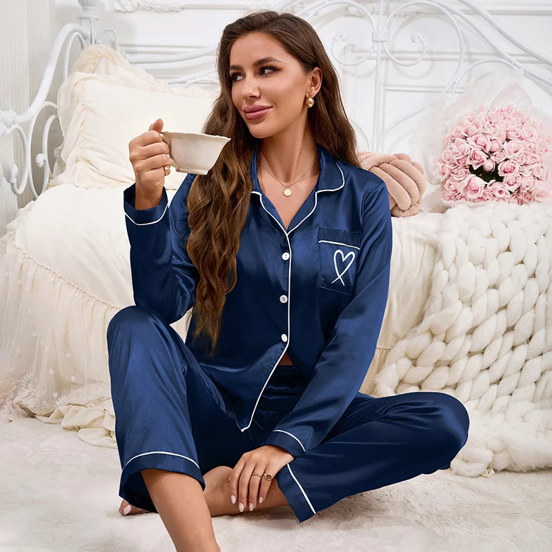 Autumn Women's Pajama Set Love Embroidered Flip Collar Long Sleeve Top and soft  Pants Casual and Comfortable Home Clothes