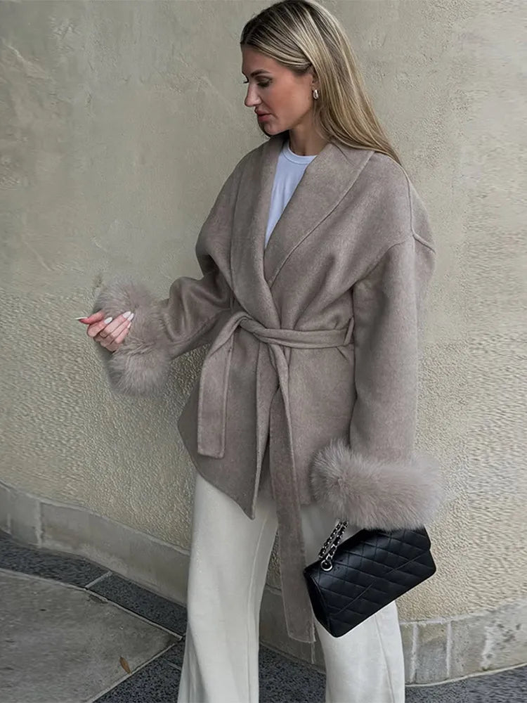 2025 Chic Lapel Plush Coat With Belt Women Vintage Solid Faux Fur Sleeve Tweed Open Coats Female Autumn Casual Street Outwear