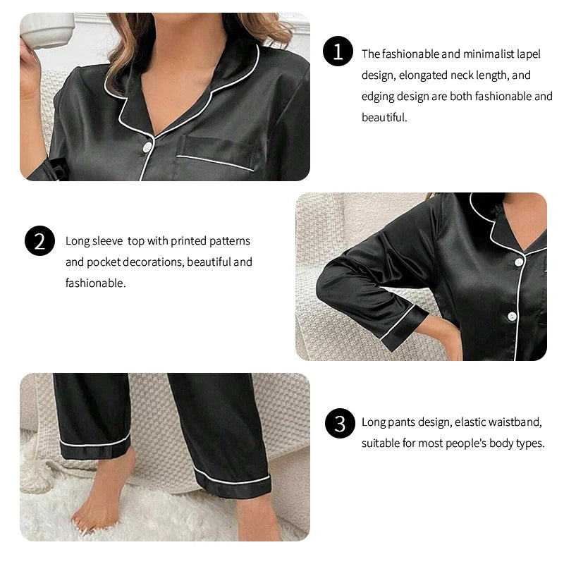 Autumn Women's Pajama Set Love Embroidered Flip Collar Long Sleeve Top and soft  Pants Casual and Comfortable Home Clothes