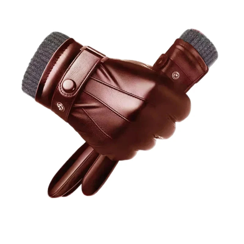 Winter Gloves for Men Genuine Leather Gloves Warm Plus Velvet Touch Screen Gloves Outdoor Cycling Driving Motorcycle PU Gloves