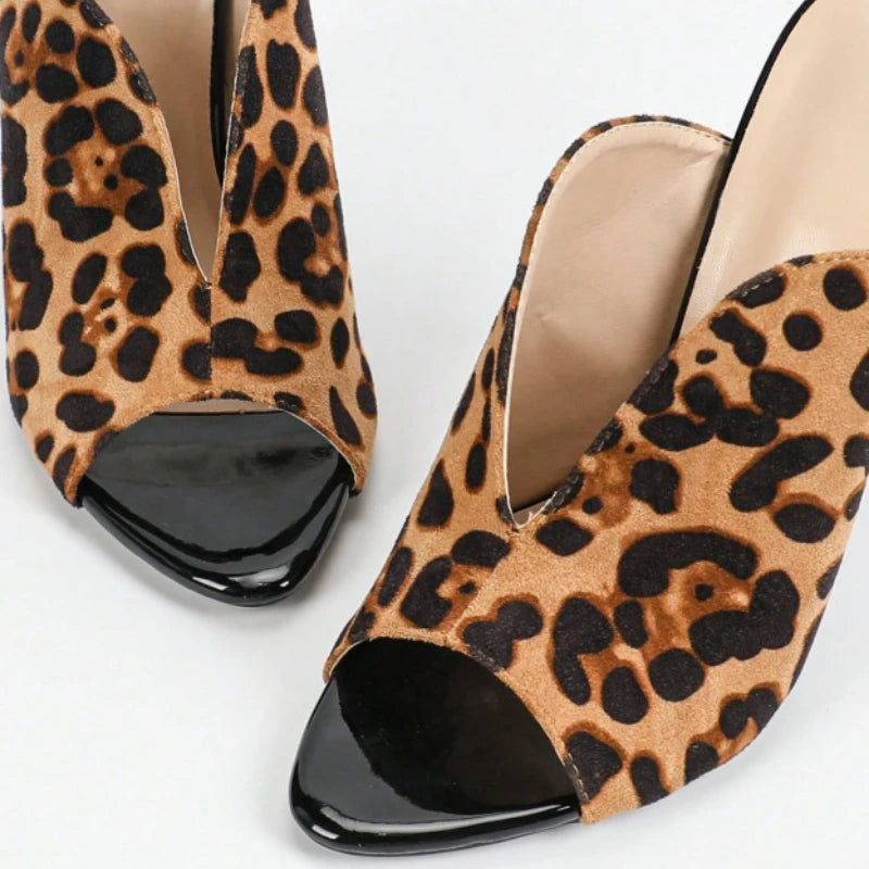Sexy Leopard Print Slippers Women Fashion Pointed Toe Fine Heels High Heels Shoes Slides Mules Slippers Sandals Zapatos De Mujer