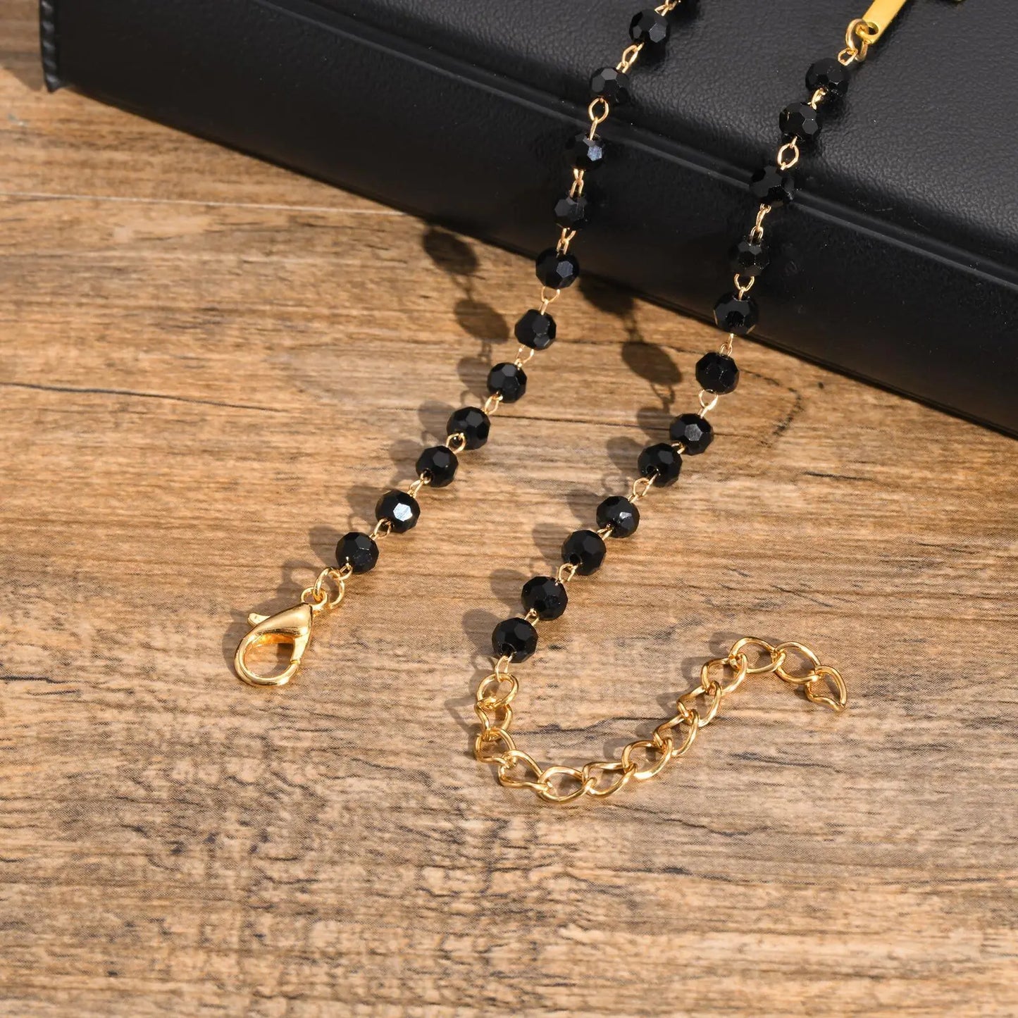 Simple Black Beads Braclets for Men Boys,Gold Color Cross Chain Link Adjustable Wristband,Faith Prayer Jewelry Gifts