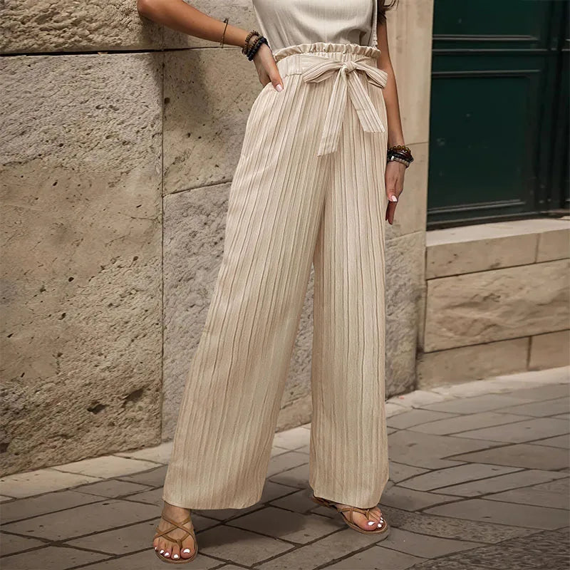 Fashionable and versatile casual straight trousers for women with lace-up ruffled elastic trousers
