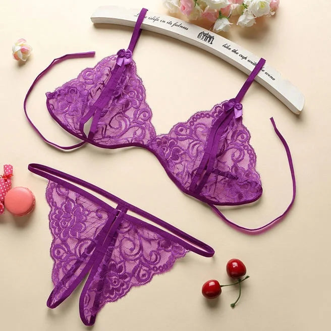 New Blue Contrast Lace Ruffle Trim Lingerie Set Deep V Dress And Thong Women's Sexy Sleepwear Underwear Hollow Bra Panty Sling