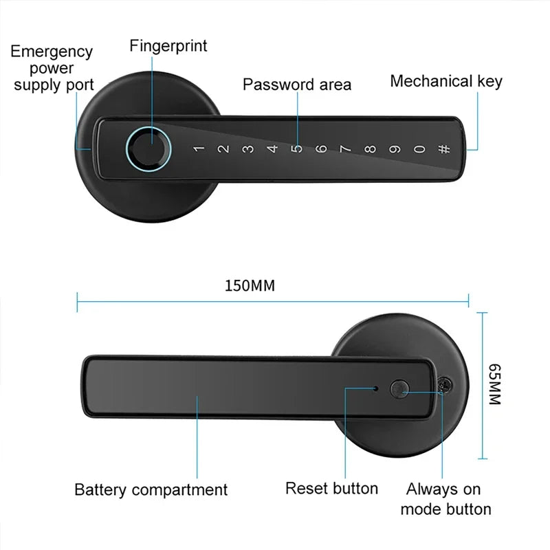 Tuya Bluetooth Smart Fingerprint Door Handle Lock Electronic Password APP Remote Unlock Hotel Apartment Office Bathroom Bedroom