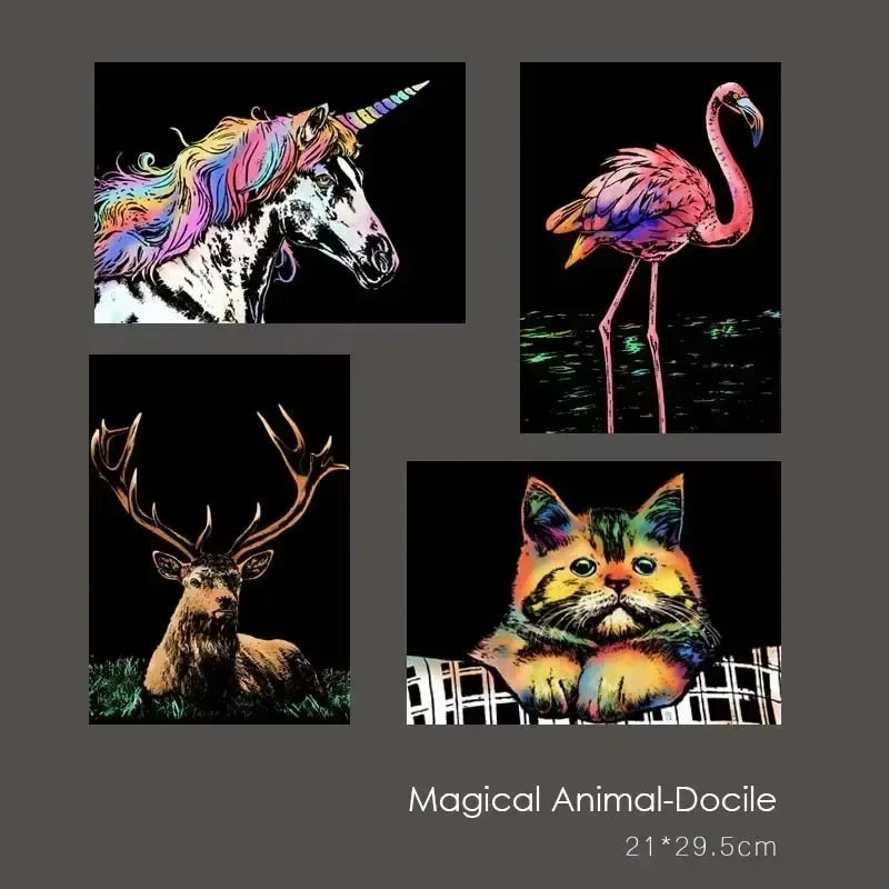 4 Pcs/Set A4 DIY Manual Scraping Painting Colorful Realistic Cartoon Animals Lion Wolf Flamingo Night View Scratch Drawing