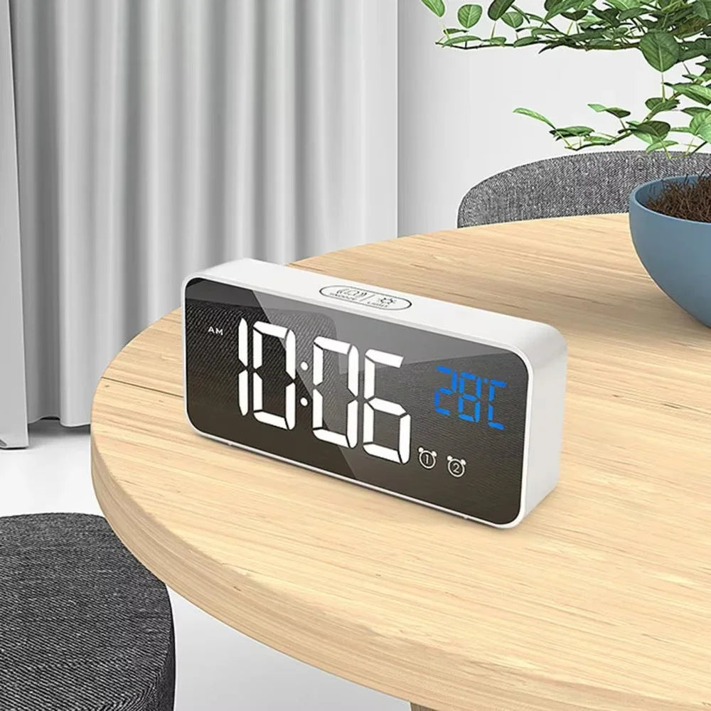 Smart LED Mirror Alarm Clock with Voice Control USB Charging Dual Alarms Snooze Mode for Bedside Table Timepiece Home Decor