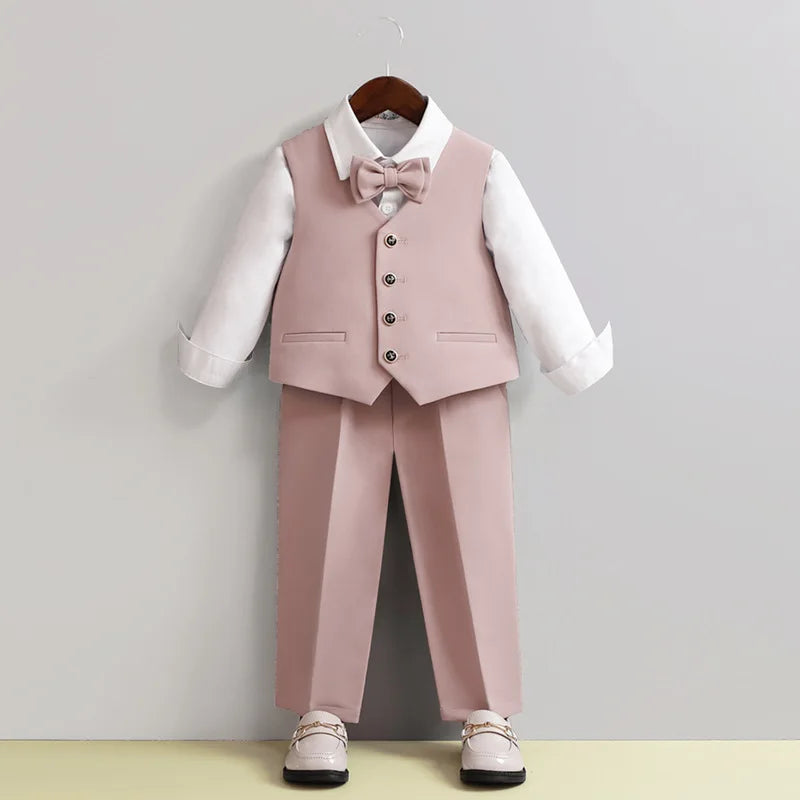 Kid Boys Formal Pink Suit Boy Child Wedding Suit Elegant 2-14Y Boys Suits Outfits Set Gentlemen Kid Jacket Vest Pant Bowtie Suit
