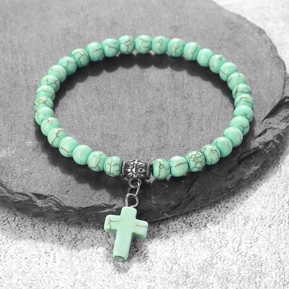 Jesus Cross Beaded Bracelets for Prayer 6mm Natural Black Matte Blue Pine Stone Bracelet Women Men Yoga Bangle Christian Jewelry