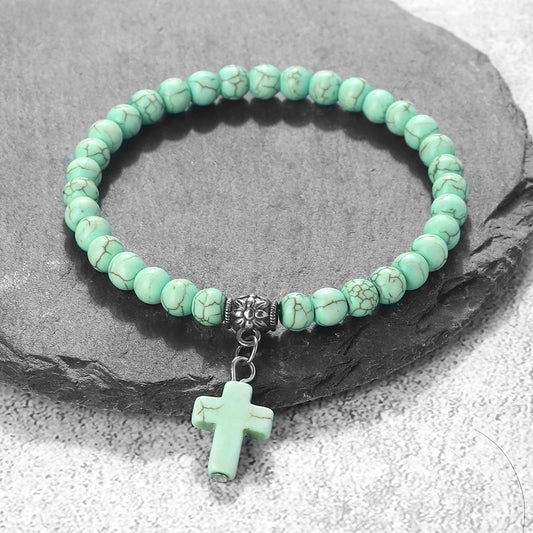 Jesus Cross Beaded Bracelets for Prayer 6mm Natural Black Matte Blue Pine Stone Bracelet Women Men Yoga Bangle Christian Jewelry