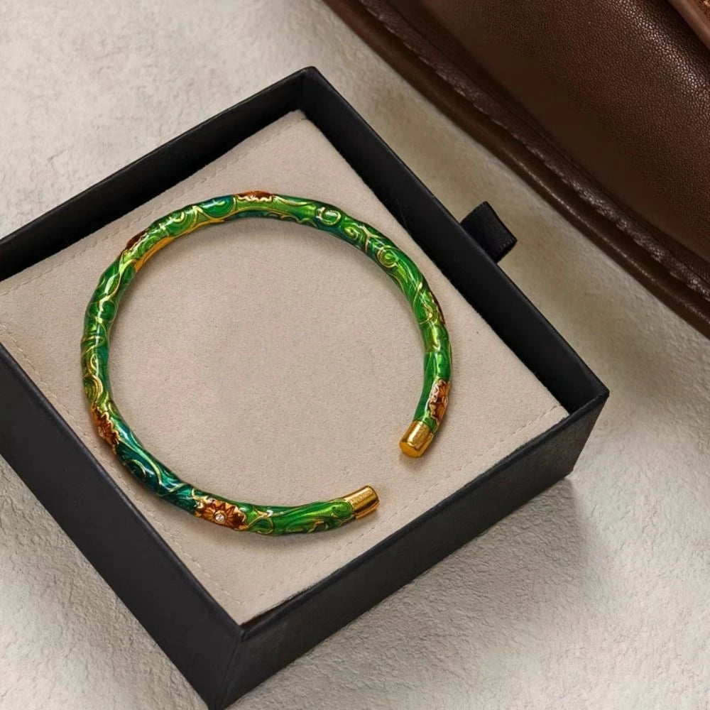 Exquisite Women's Enamel Braclet Open Ring Ethnic Style Chinese Cloisonne Bracelet Hand Jewelry Vintage Filigree Flower Bangle