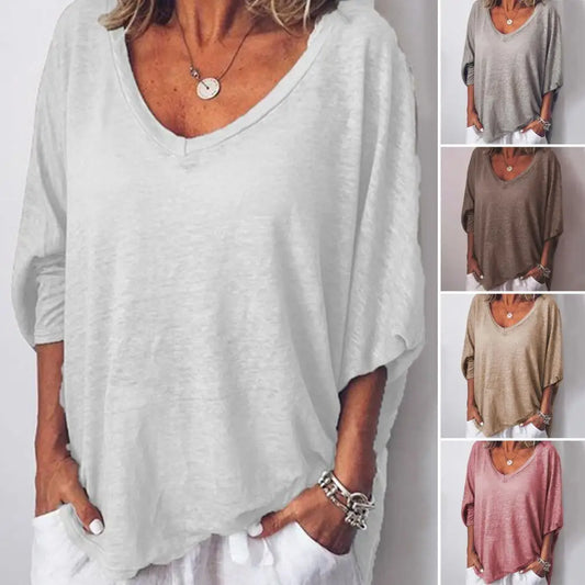Women T-shirt Top Solid Color Women's V-neck 3/4 Batwing Sleeve T-shirt Loose Fit Lightweight Breathable Top for Casual Wear