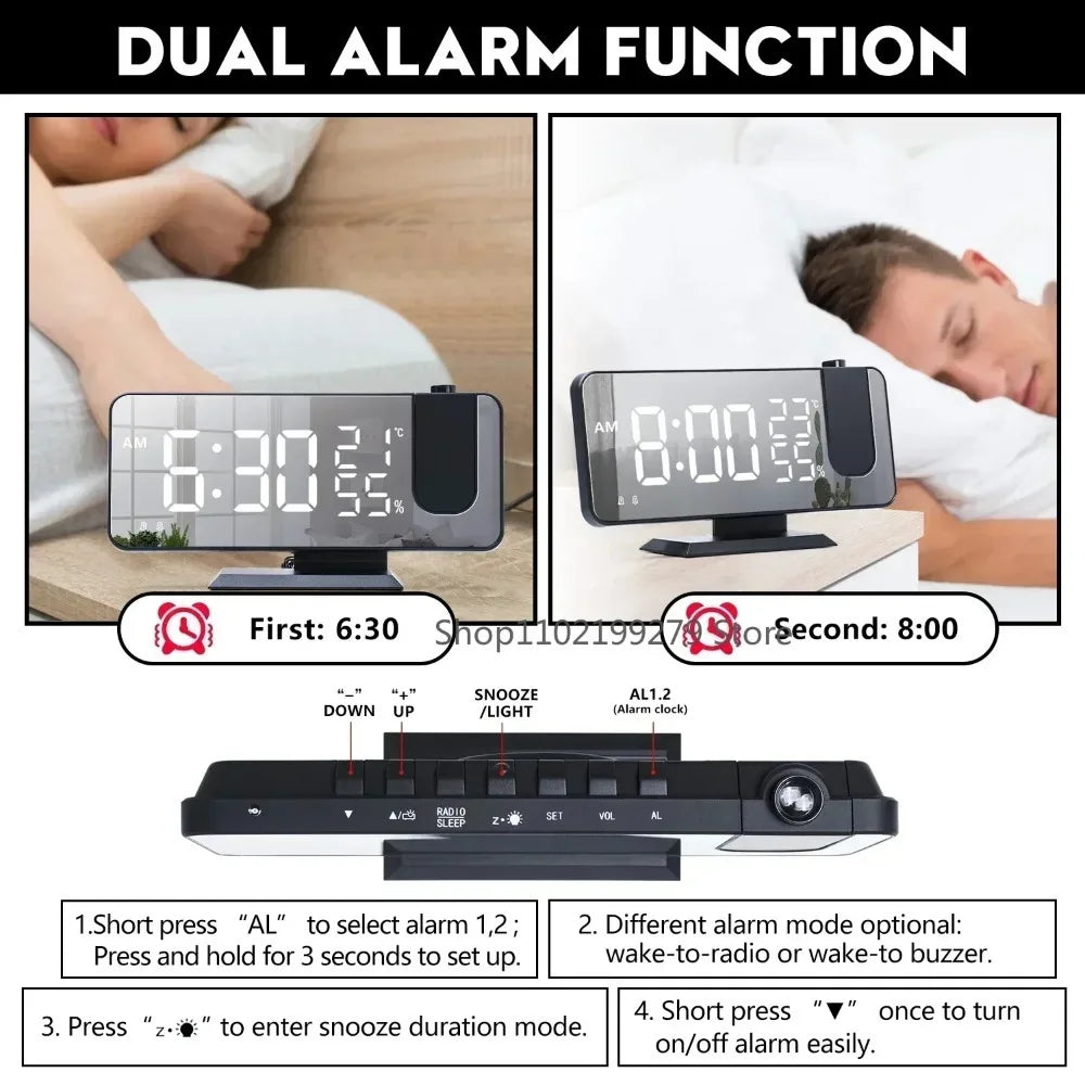 Radio LED Digital Smart Alarm Clock Watch Table Electronic Desktop Clocks USB Wake Up Clock with 180° Time Projector Snooze