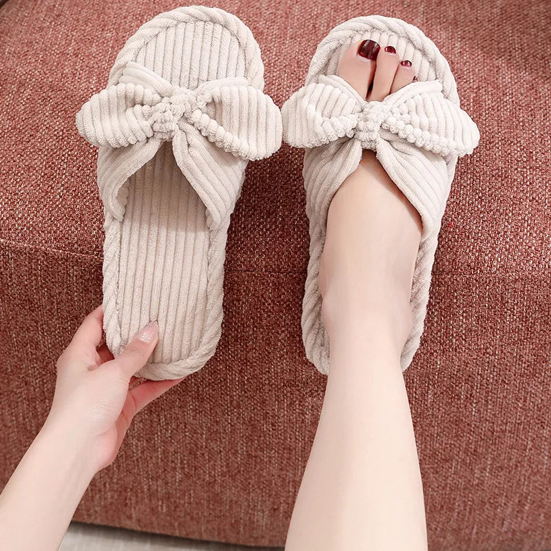 Women's Bow Flat Heel Slippers Home Non-slip Open-toe Breathable Slippers for All Season ladies Bedroom Fashion Soft Sole Slides
