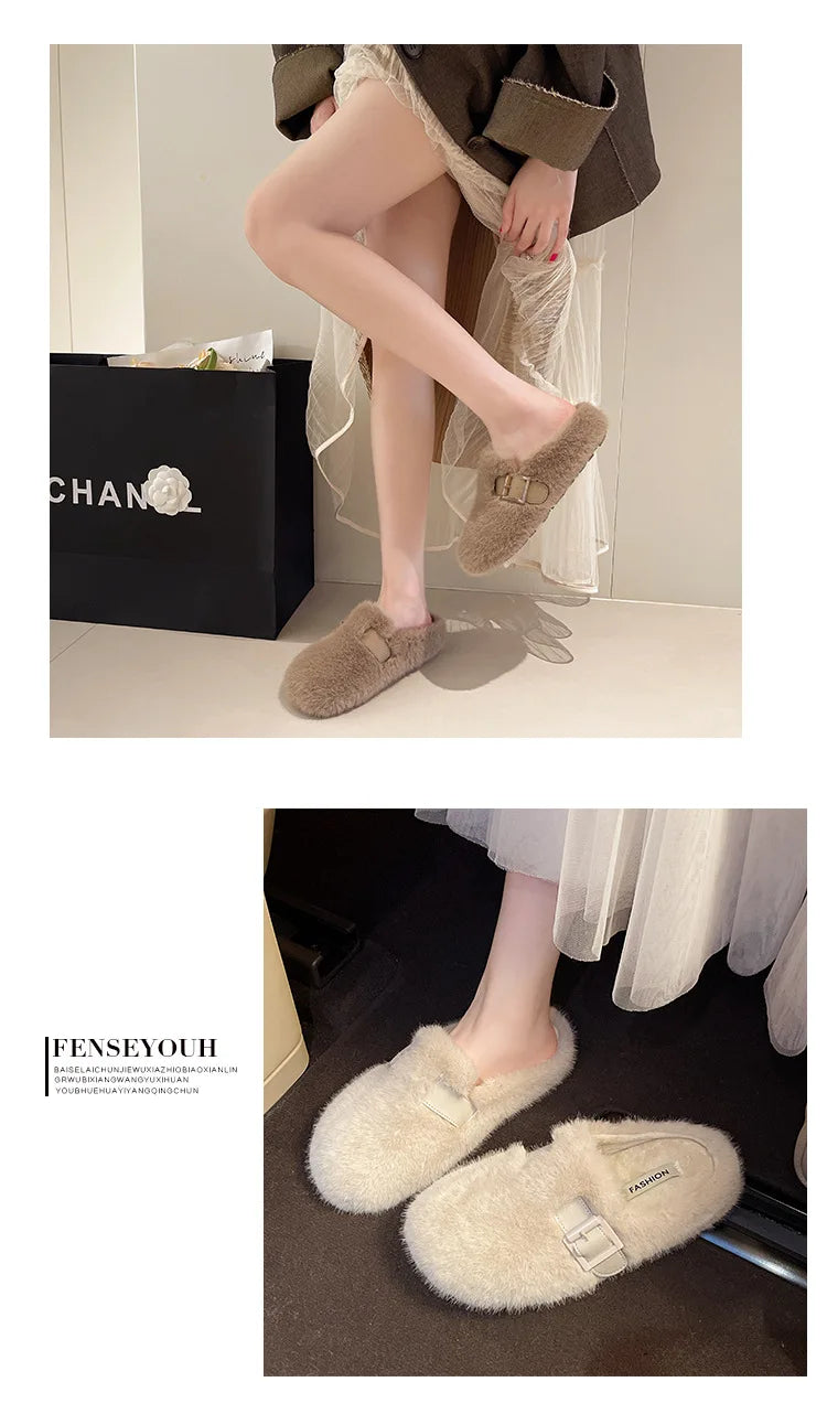 Women's Slippers, Winter Comfortable Plush Warm Casual Slippers Outdoor Fashionable Plush Women's Shoes Pantuflas Mujer