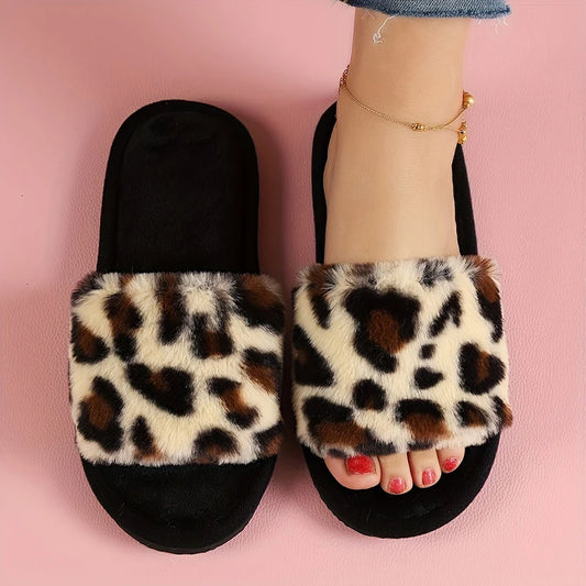 Fashion Leopard Print Fur Slippers for Women Open Toe Soft Sole Furry House Shoes Woman Winter Warm Comfort Indoor Home Slippers
