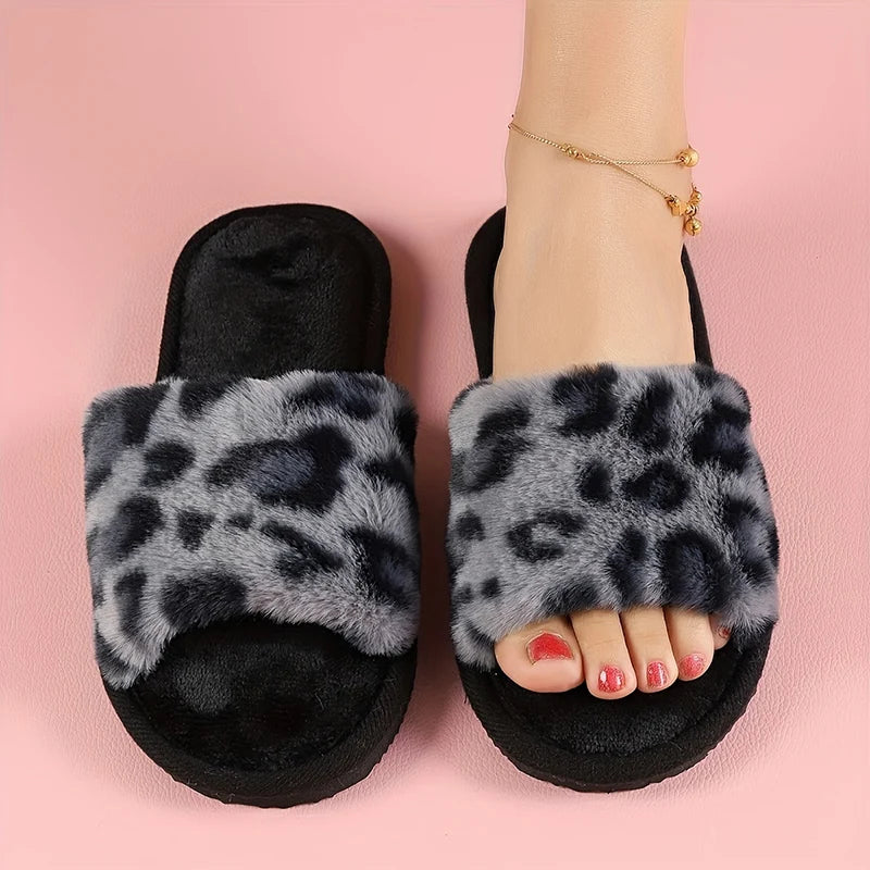 Fashion Leopard Print Fur Slippers for Women Open Toe Soft Sole Furry House Shoes Woman Winter Warm Comfort Indoor Home Slippers