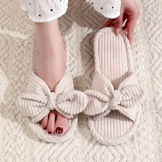 Women's Bow Flat Heel Slippers Home Non-slip Open-toe Breathable Slippers for All Season ladies Bedroom Fashion Soft Sole Slides