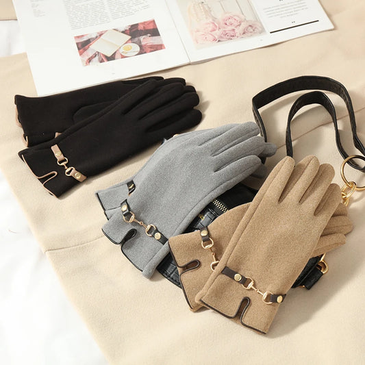 Derong Gloves Women's Winter Velvet Warm Metal Chain Embellishment Suitable for Driving and Cycling a Pair of Touch Screen Gloves