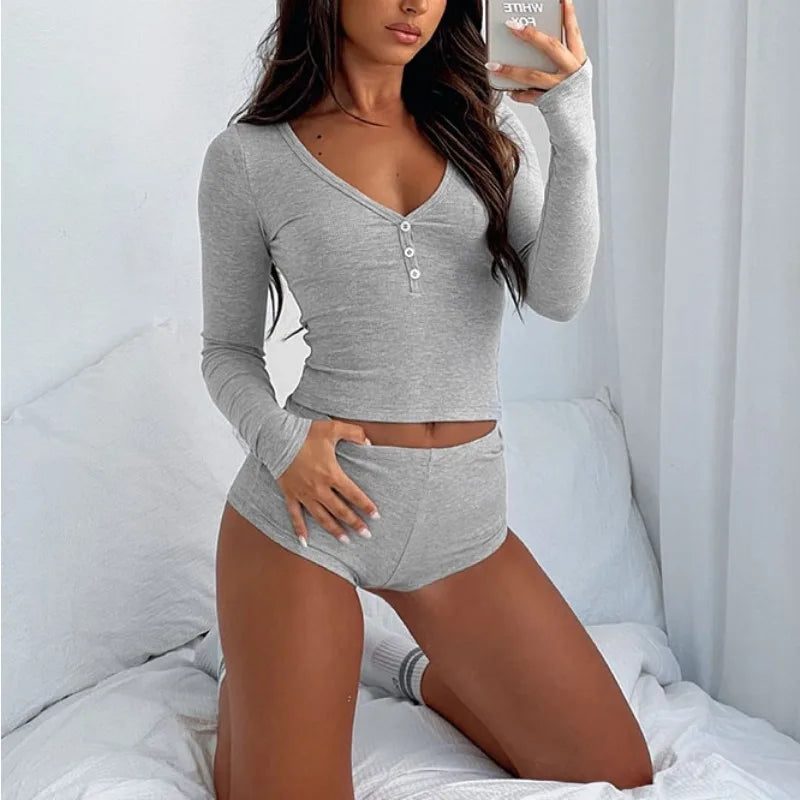 Women 2 Piece Pajamas Shorts Set Long Sleeve V Neck Button Down Cropped Tops Sexy Y2k Bodycon Shorts Pjs Loungewear Clothes