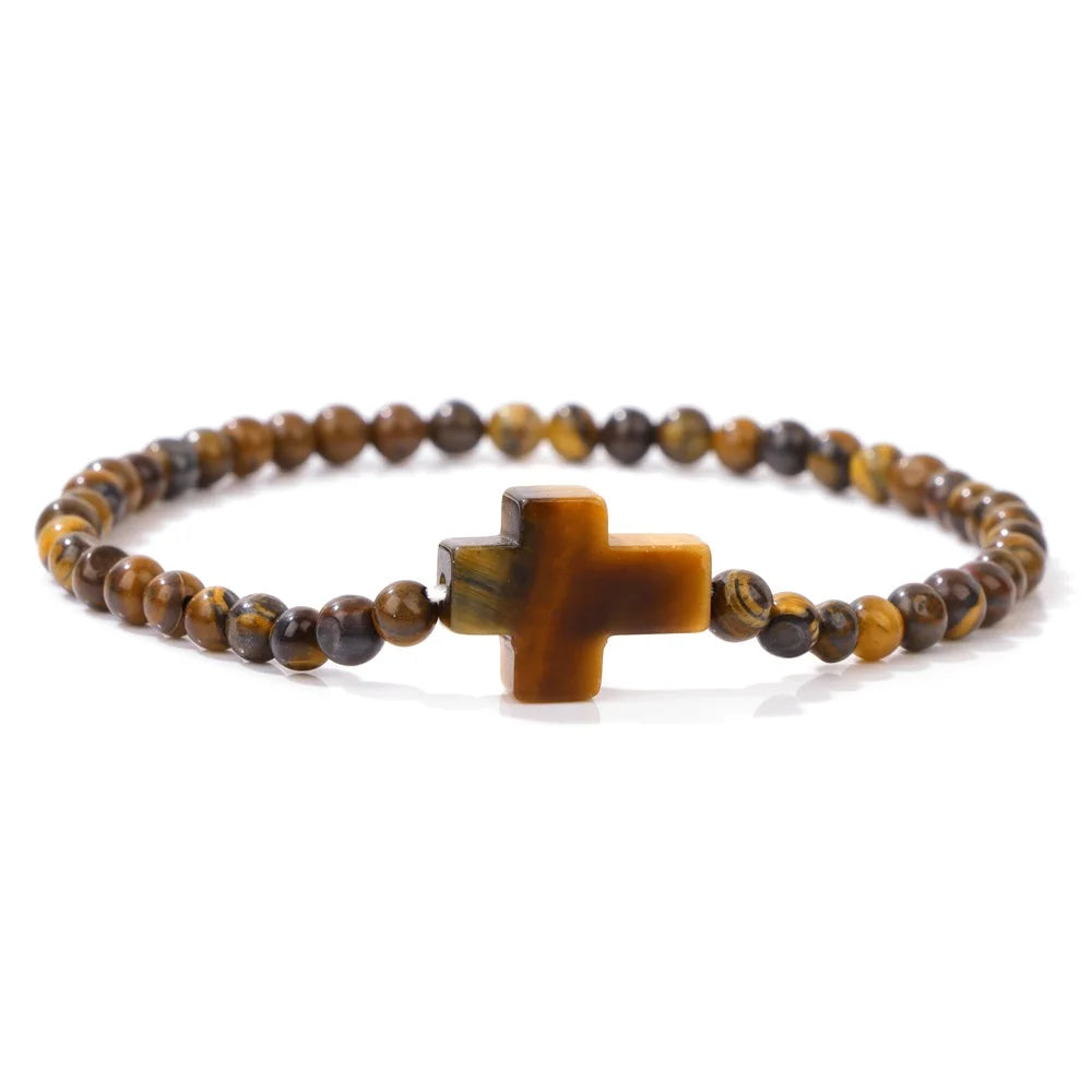 Jesus Cross Bracelet 4mm Beads Natural Stone Indian Agates Amethysts Quartzs Beaded Bracelets For Women Men Prayer Jewelry