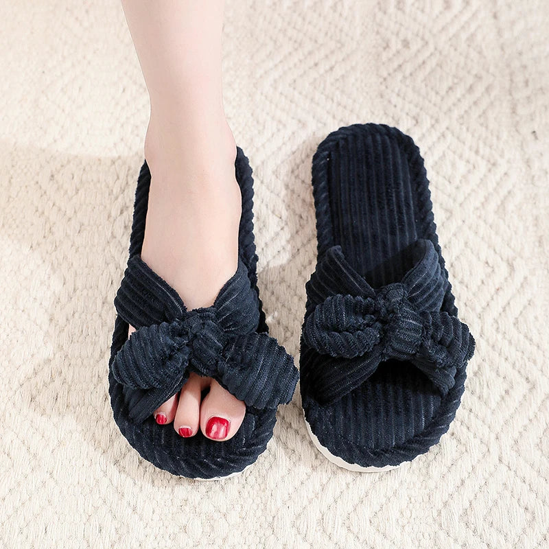 Women's Bow Flat Heel Slippers Home Non-slip Open-toe Breathable Slippers for All Season ladies Bedroom Fashion Soft Sole Slides