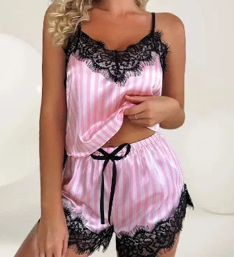 New Lace Sexy Women Pajama Suit Fashion V-Neck Stretch Satin Lace Sexy Lingerie Bowknot Pyjamas Sleep Shorts Set Sleepwear 2PCS