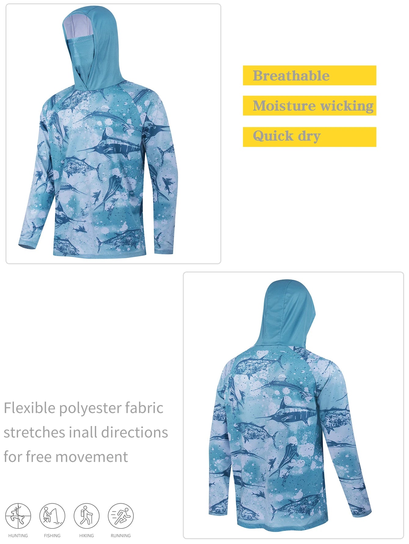 Fishing Shirt Hooded Men Clothes Outdoor Summer Mask Hoodie Sun Uv Protection Performance Jersey